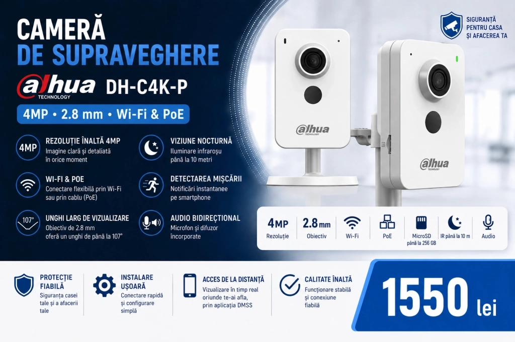 Cameră de supraveghere Dahua DH-C4K-P 4MP 2.8 mm Wi-Fi & PoE